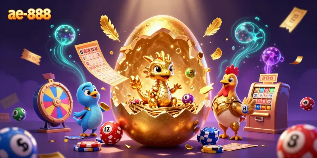 Experience ae-888 with a dragon and golden elements amidst casino excitement and colorful elements.