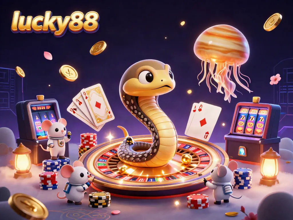 Experience excitement with lucky88 in this vibrant 3D casino scene featuring playful astronaut mice.