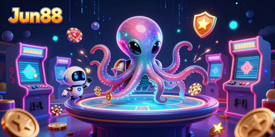 Engage with Jun88 as a vibrant alien octopus spins a holographic poker table in a cosmic casino adventure.