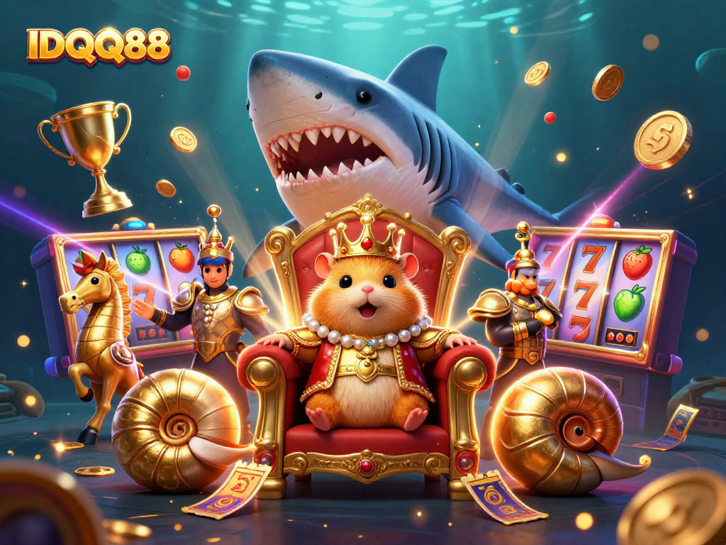 IDQQ88 showcases a golden hamster king on his shark throne amidst vibrant slot machine elements.