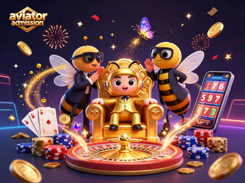 Aviator admission features a dynamic casino scene with a cartoon bee mob boss and exciting gaming elements.