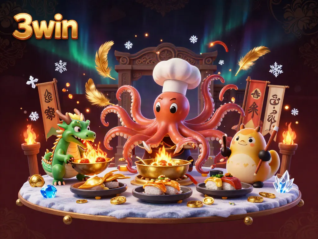 Experience thrilling action at 3win with a vibrant sushi chef octopus, fiery dragon, and immersive casino elements.