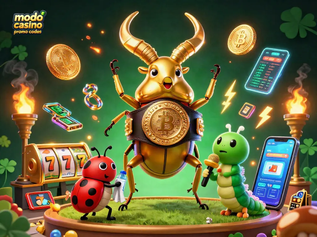 Boost your gaming with modo casino promo codes featuring an epic 3D illustration of a golden stag beetle and gaming elements.