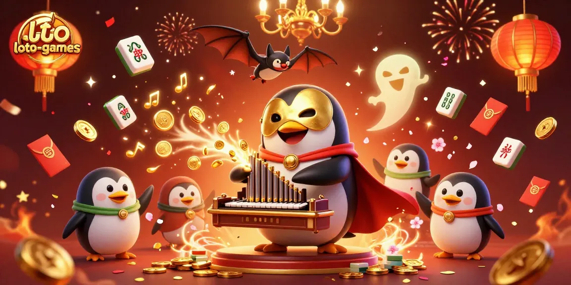 Loto-games showcase a vibrant casino scene with a penguin organist and bat acrobat amidst floating gold elements.