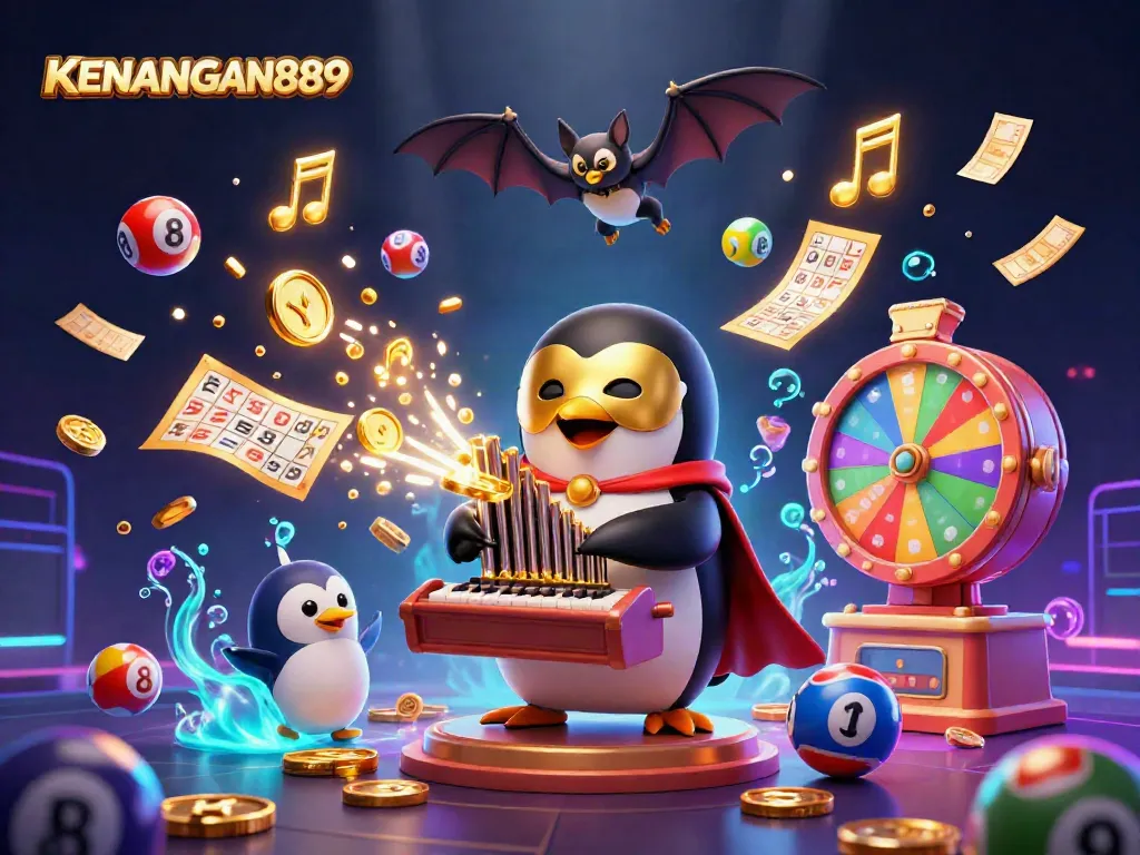 Engage with KENANGAN889's lively casino scene featuring a penguin and colorful lottery elements.