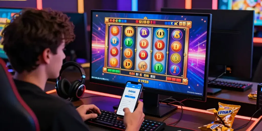 User engaging with an online slot game while using DANA e-wallet on smartphone.
