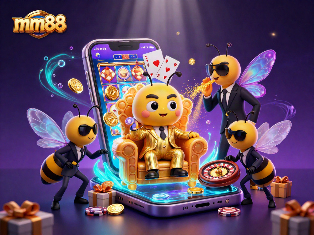 Experience mm88's vibrant casino scene with a bumblebee mob boss and golden slot games.