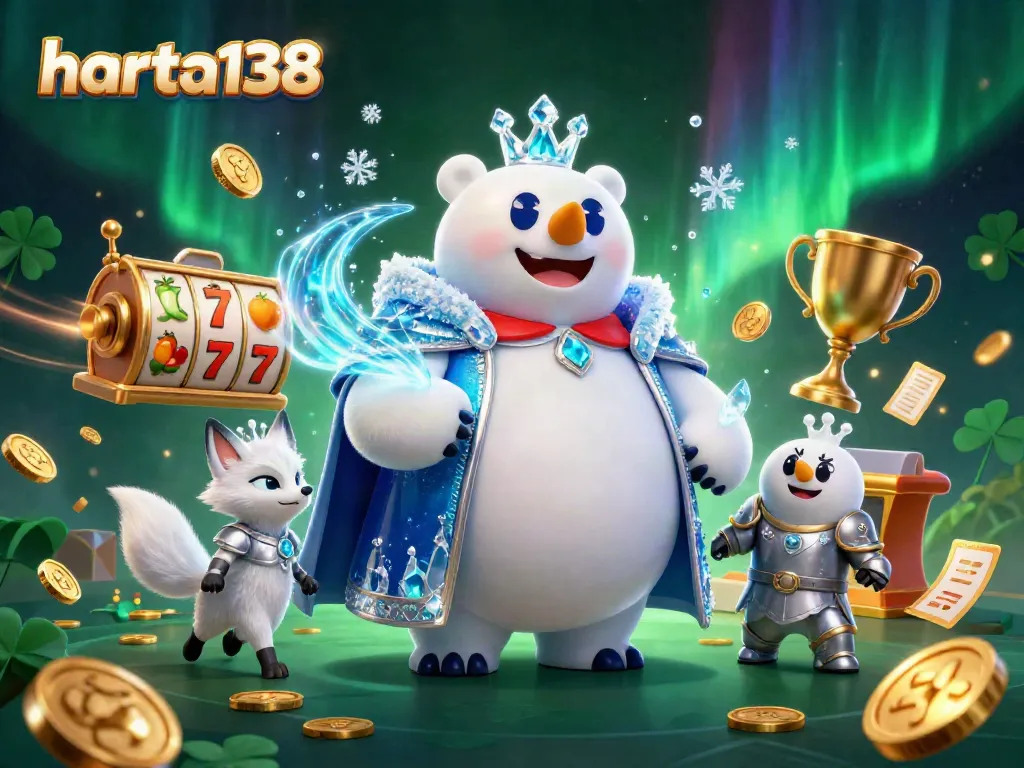Harta138 menghadirkan raja beruang kutub dengan slot gacor dan simbol keberuntungan dalam ilustrasi 3D yang menawan.