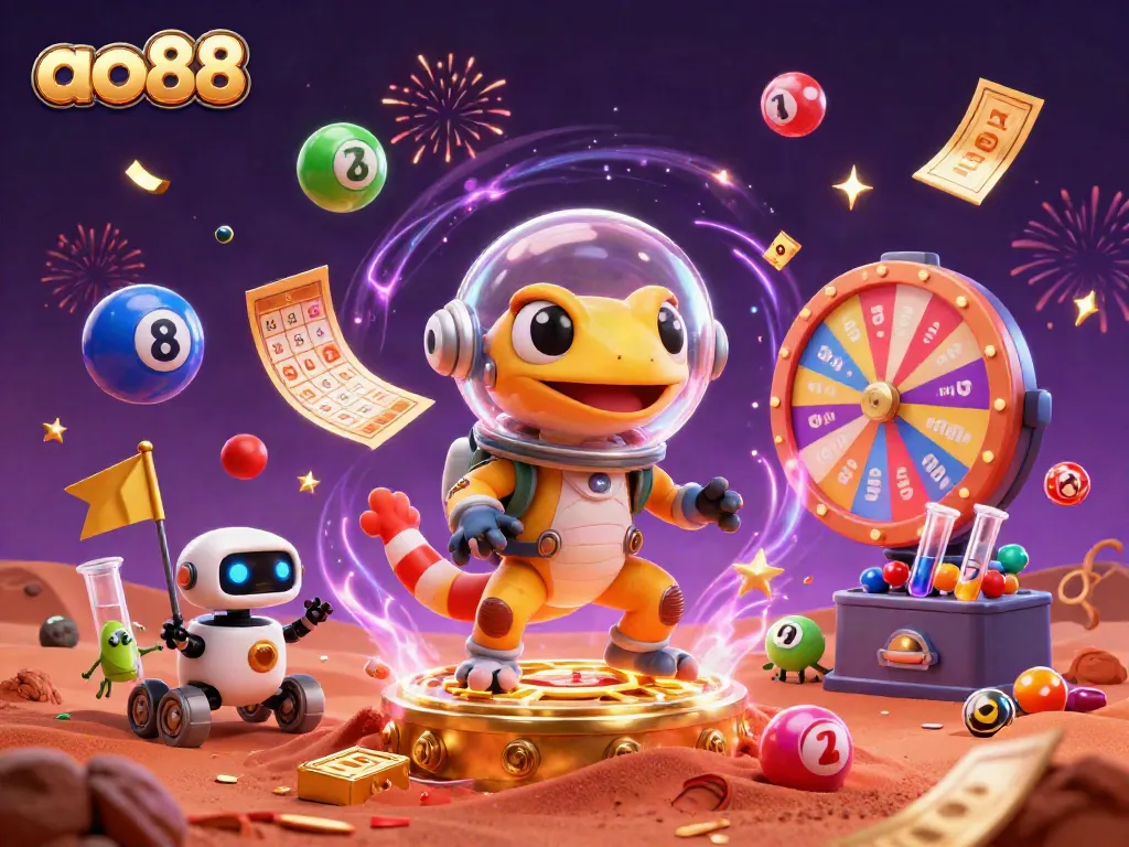 Join the Martian gecko in an exciting ao88 casino adventure amidst vibrant games and festivities.