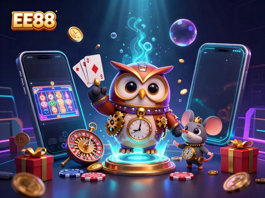 Experience thrilling gaming at EE88 with a steampunk owl and vibrant casino elements.