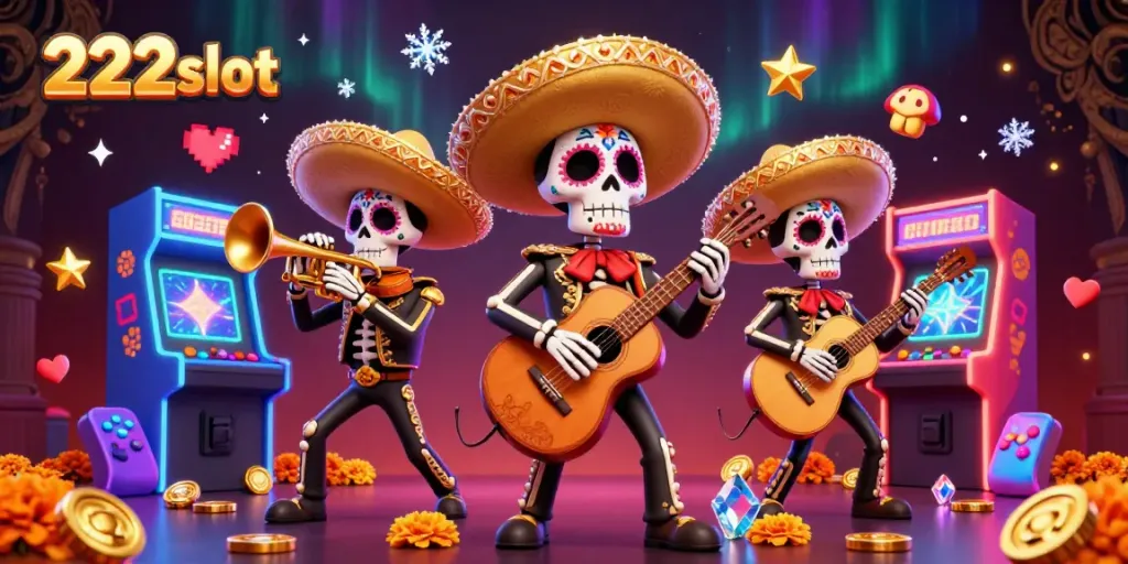 Mainkan 222slot dengan keseruan band mariachi tengkorak Hari Meninggal di tengah permainan.