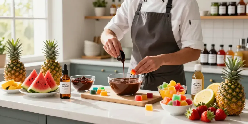 Chef preparing colorful Activist Edibles infused treats in a vibrant kitchen.
