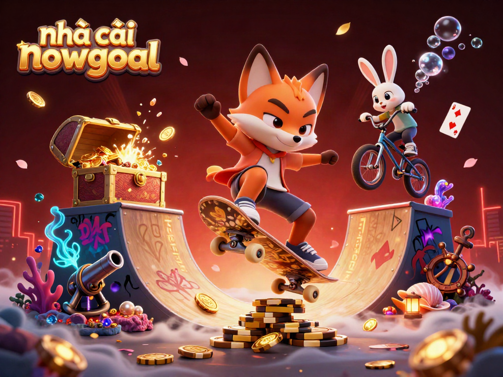 Experience thrilling gaming action with nhà cái nowgoal featuring a skateboard fox and BMX rabbit in a vibrant casino setting.