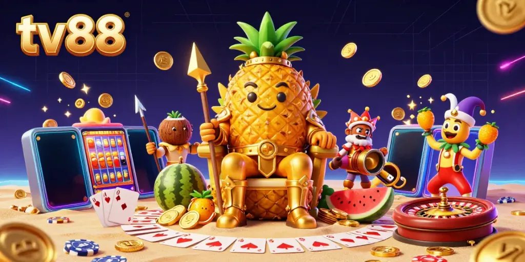 Experience thrilling gaming moments at tv88 with an enchanting scene of a pineapple king and casino excitement.