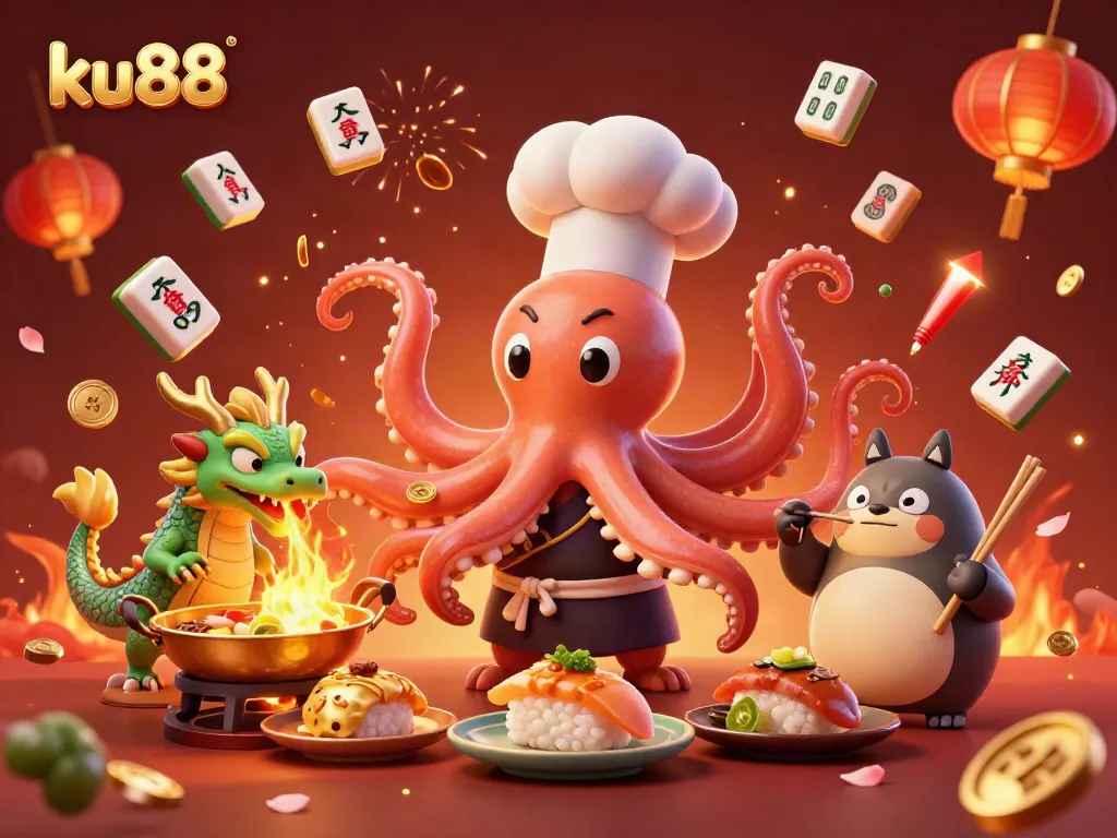 Engage with the vibrant world of ku88 through a festive 3D casino scene with a playful octopus chef.
