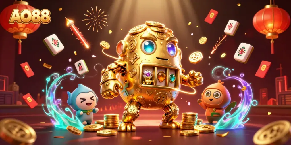 Experience AO88's thrilling atmosphere with a golden golem and festive elements for engaging gameplay.