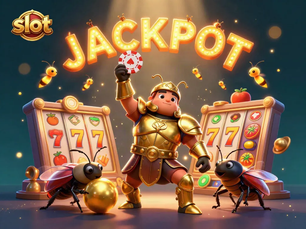 Experience the thrill of slot games with a dynamic 3D cartoon scene of beetle characters celebrating a jackpot.