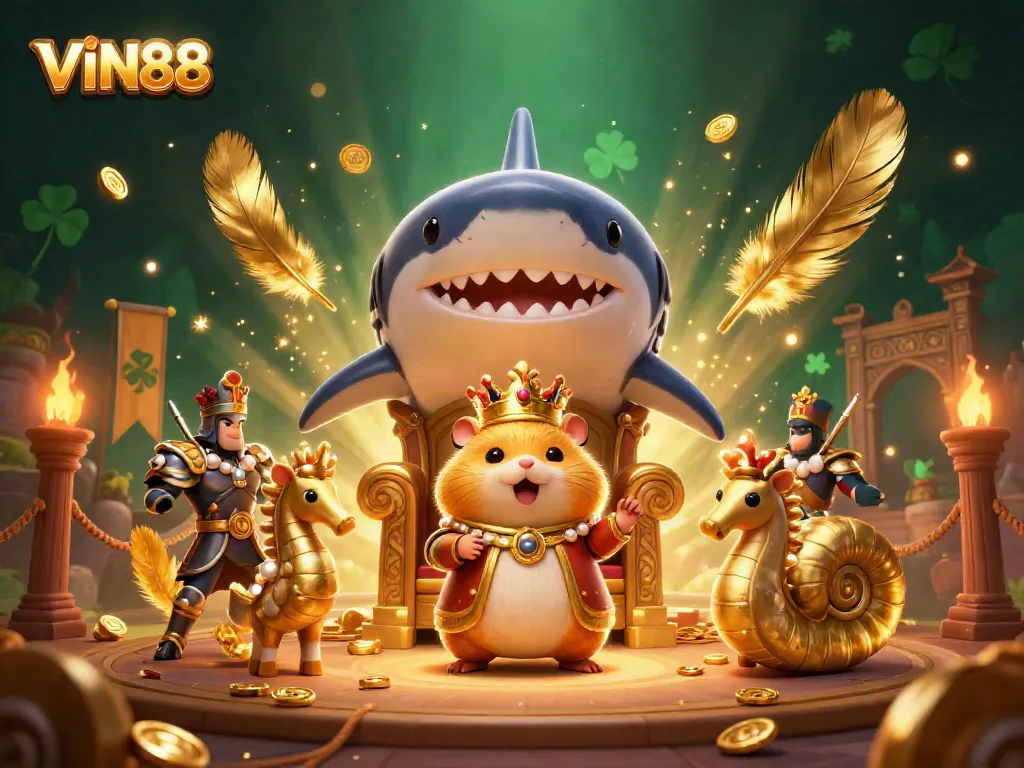 Experience exhilarating action at VIN88 with golden hamster king and aquatic guards amid intense gaming elements.