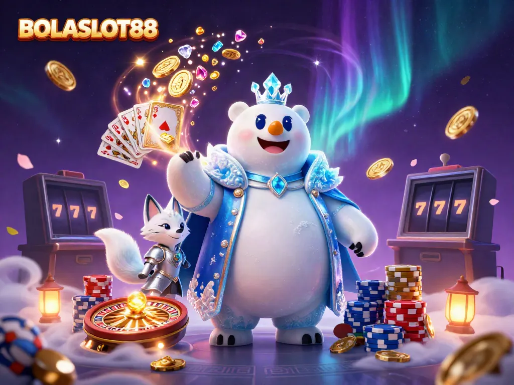 BOLASLOT88 delights players with a magical casino scene featuring a polar bear king and a snow fox with gambling elements.