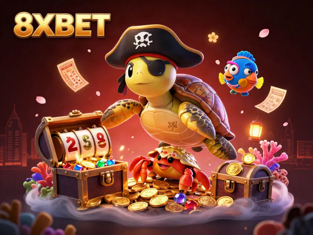 Experience excitement with 8XBET as colorful characters float above underwater treasures, surrounded by casino game elements.