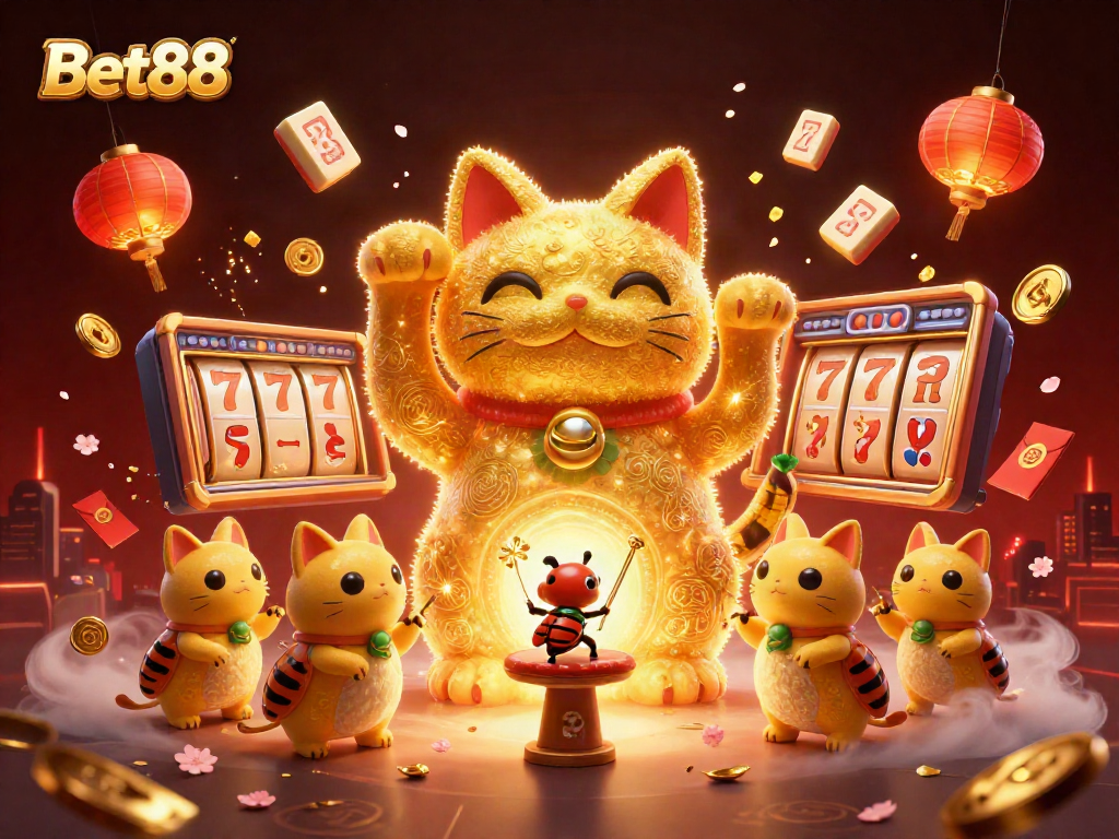 Experience the excitement of Bet88 with a vibrant 3D illustration of luck and winning symbols.