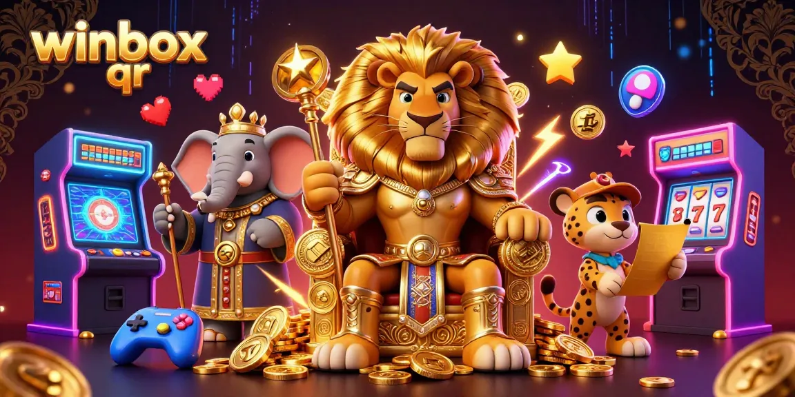 Winbox QR enhances gameplay with a fierce lion king, wise elephant, and swift cheetah in vibrant casino art.