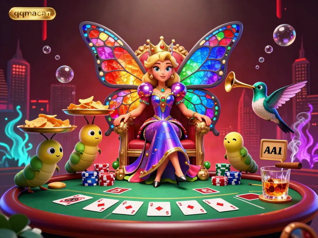 Engage with qqmacan's vibrant casino illustration featuring a butterfly queen amid colorful poker elements.