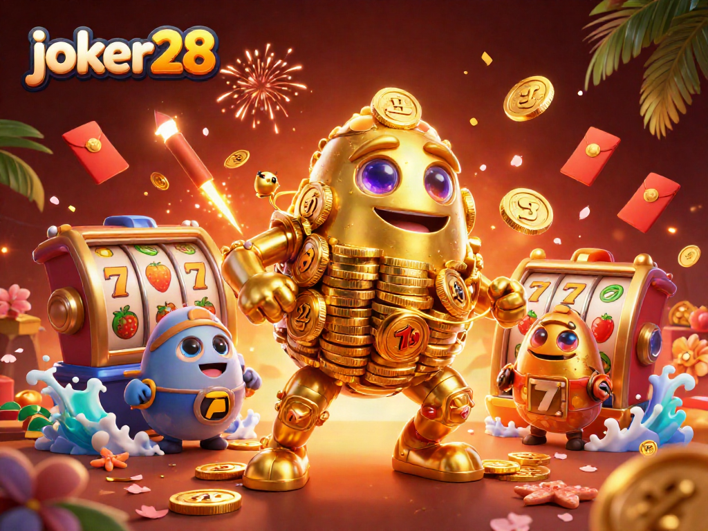 Experience the excitement of joker28 with dynamic slot elements in a captivating 3D casino illustration.