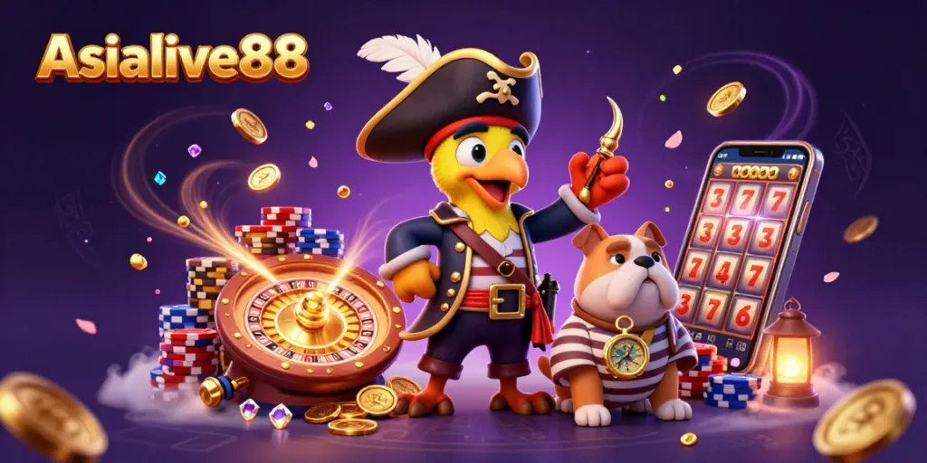 Engage with the thrilling atmosphere of Asialive88 featuring dynamic casino elements and lively cartoon characters.