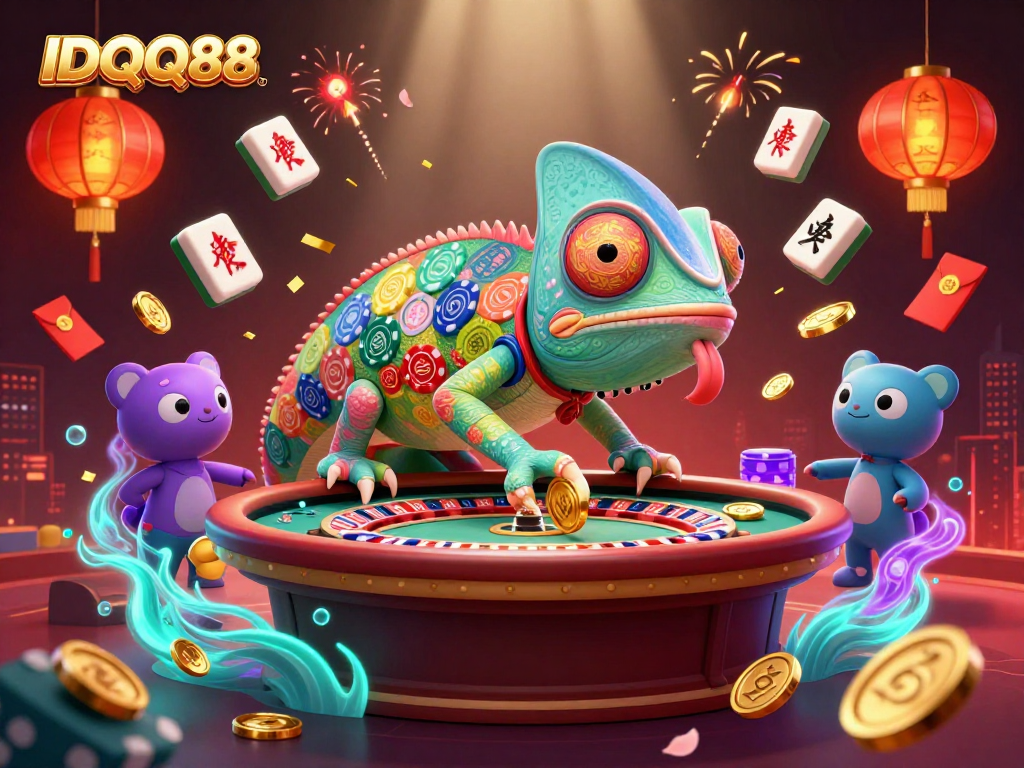 Engage in exciting gaming at IDQQ88 with a vibrant casino scene featuring a chameleon owner and playful elements.
