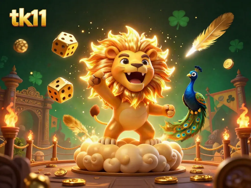 Engage with the vibrant tk11 casino scene featuring a roaring lion and golden dice.
