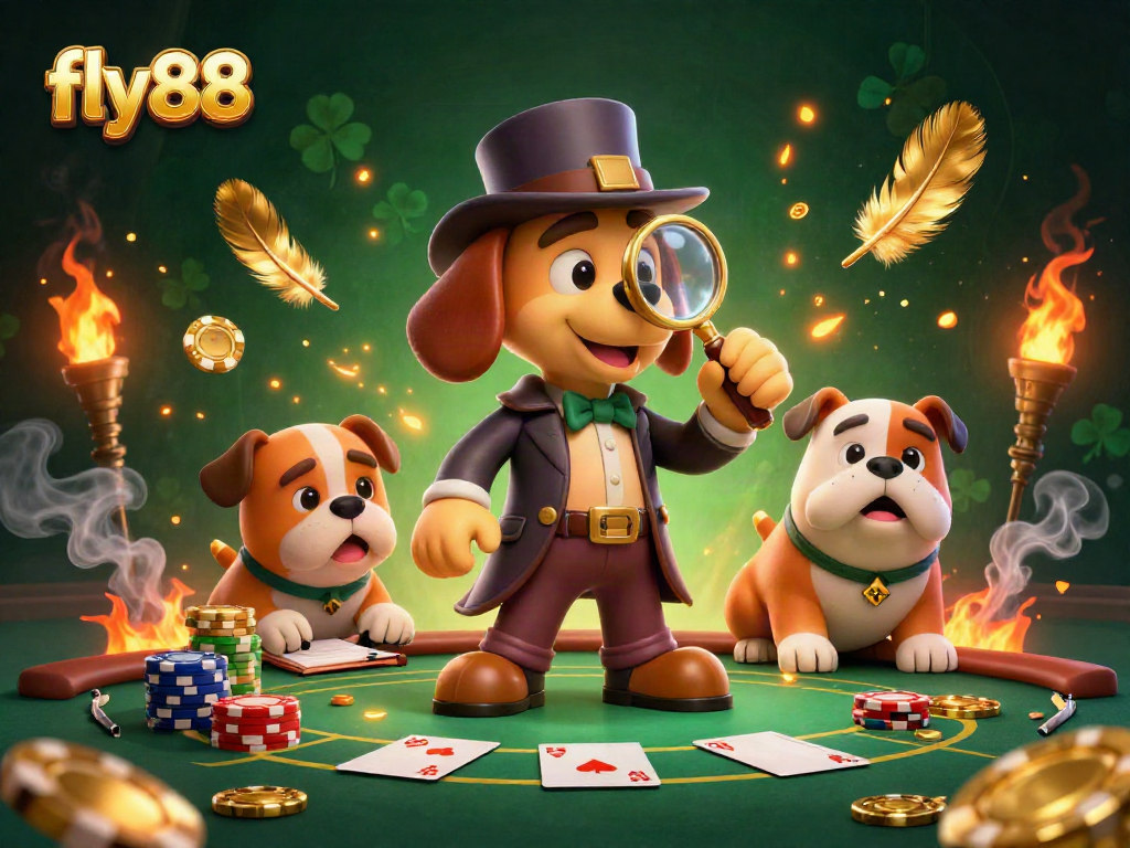 fly88 reveals a detective searching for poker clues in a vibrant casino scene full of action.