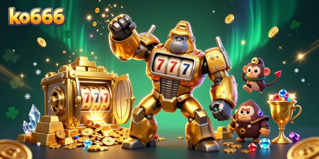 Join the action at ko666 as the golden gorilla mech celebrates a jackpot victory with dazzling rewards!