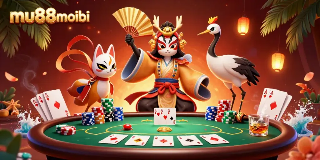 Experience immersive gameplay at mu88mobi with a vibrant casino scene showcasing poker elements and characters.