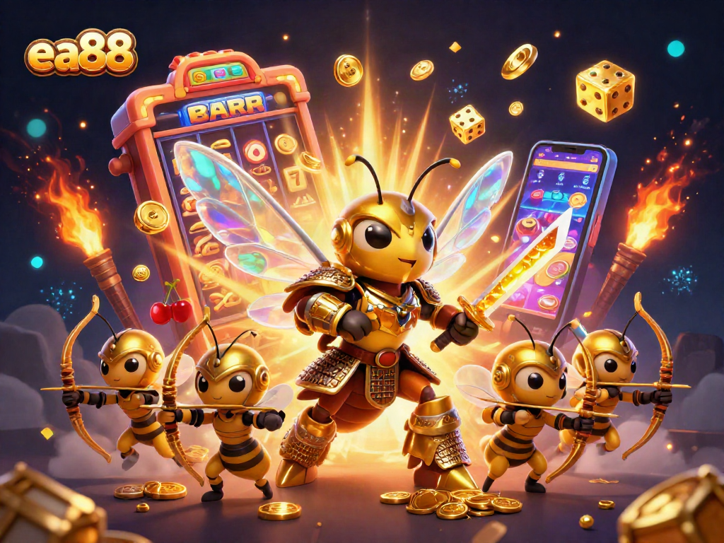 Experience the excitement of ea88 with a golden hornet samurai amidst a jackpot explosion in a 3D casino scene.