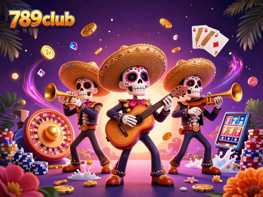 Experience the 789club excitement with a vibrant 3D illustration featuring a lively mariachi band amidst casino elements.