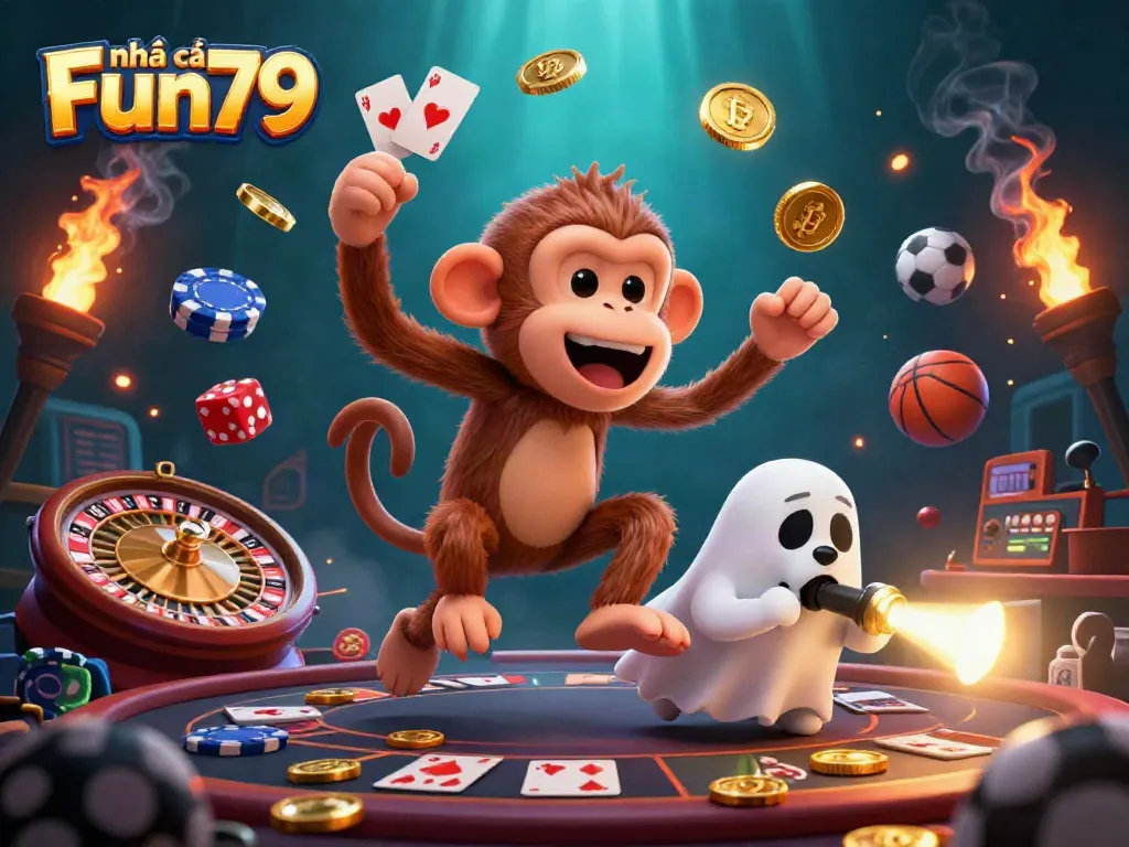 Experience thrilling action at nhà cái Fun79 with playful characters in a vibrant casino scene.