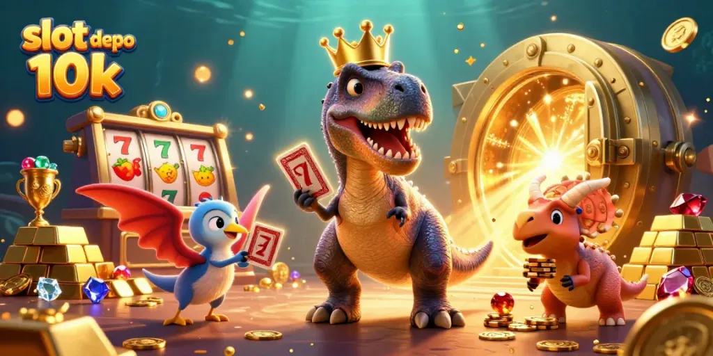 Mendapatkan kemenangan di slot depo 10k dalam ilustrasi yang menarik dengan dinosaurus kartun.