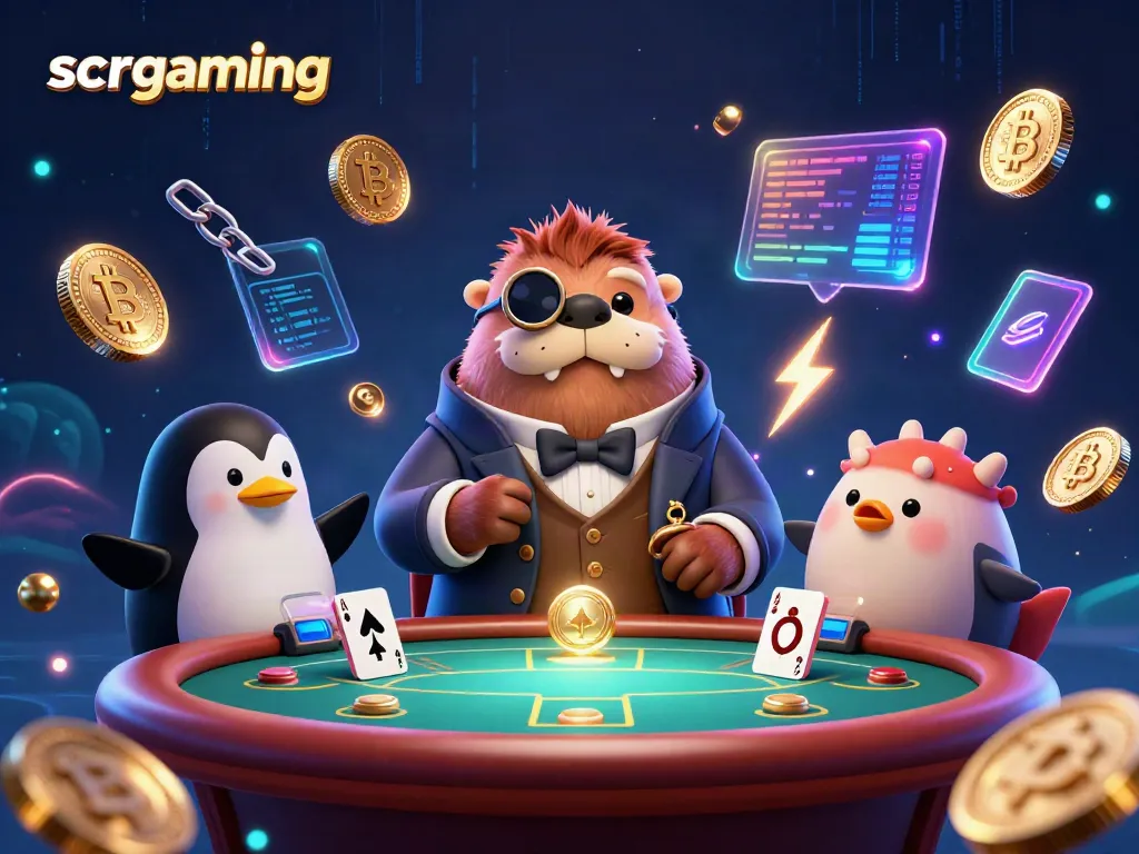 Experience interactive gameplay at scr gaming with a jolly walrus poker scene immersed in neon crypto elements.