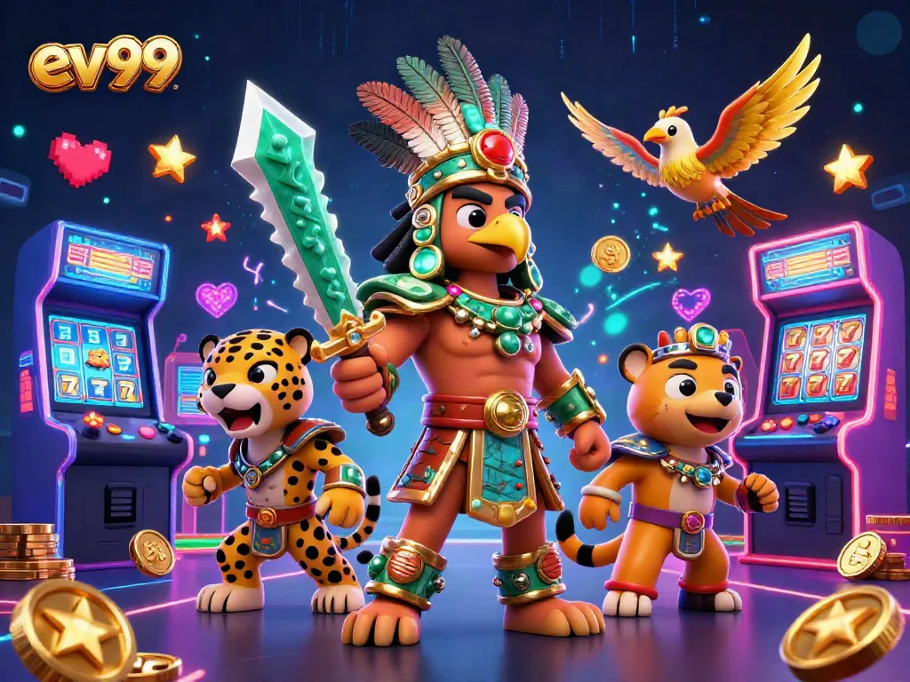 Spin and win at ev99 with our vibrant casino-themed adventure illustration!