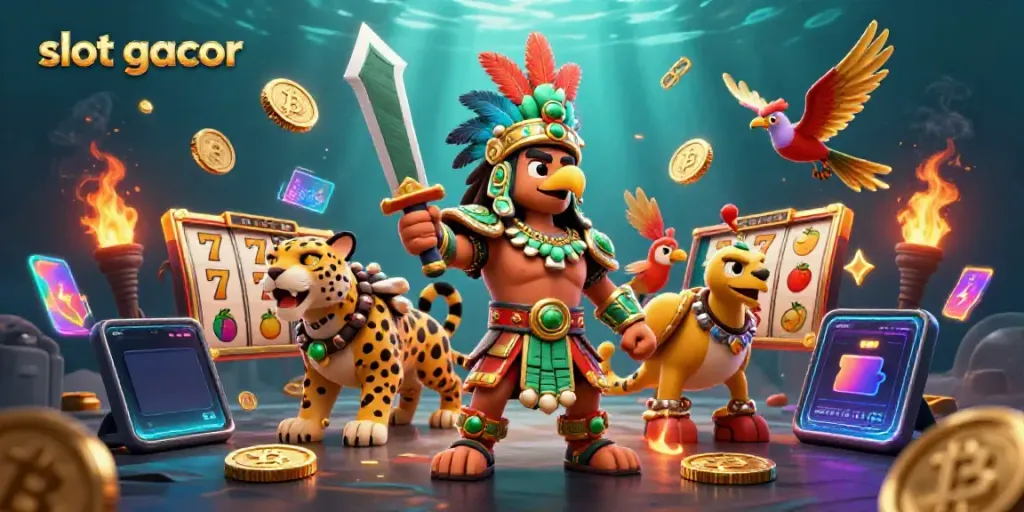 Experience the thrill of slot gacor with vibrant characters, slot reels, and mystical elements in a dynamic setting.