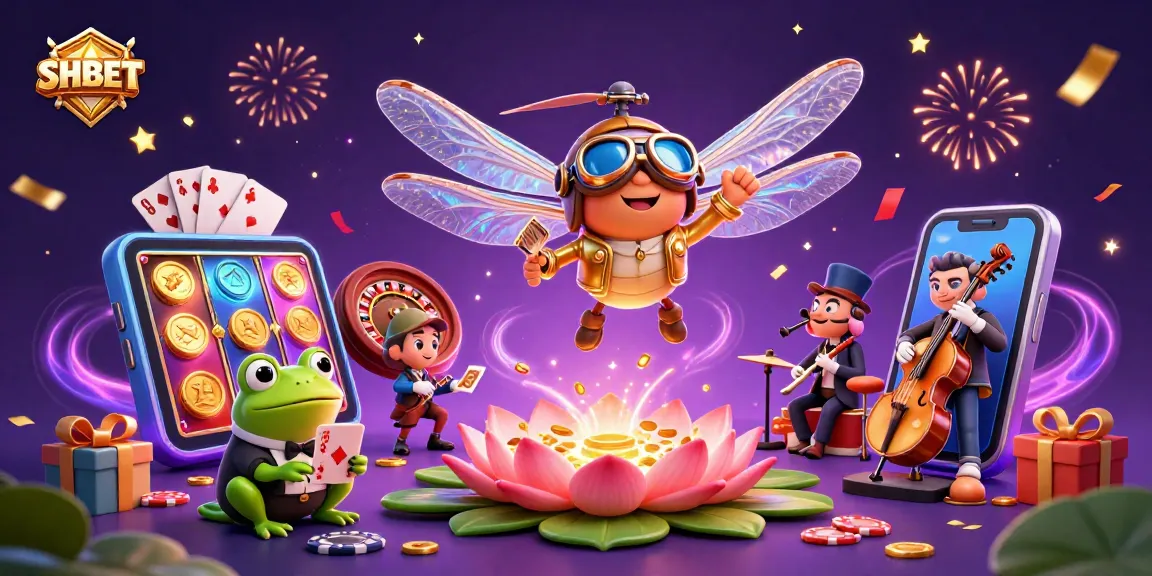 Experience thrilling gameplay at SHBET with a lively casino scene featuring a dragonfly pilot and a frog croupier.