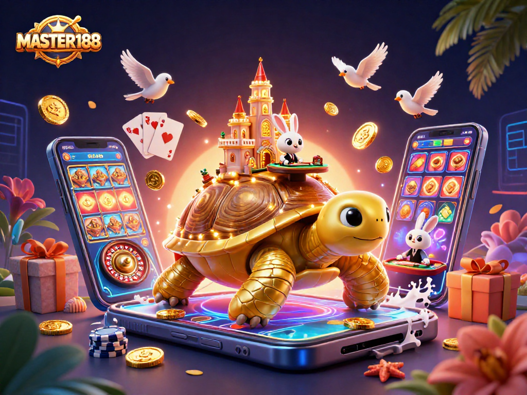 Experience the thrilling action of poker and casino games at MASTER188 with a vibrant digital illustration.