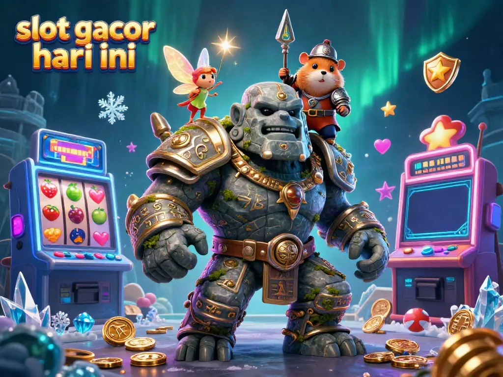 Menggali slot gacor hari ini dengan simbol slot, golem kuno, dan peri kecil dalam ilustrasi 3D