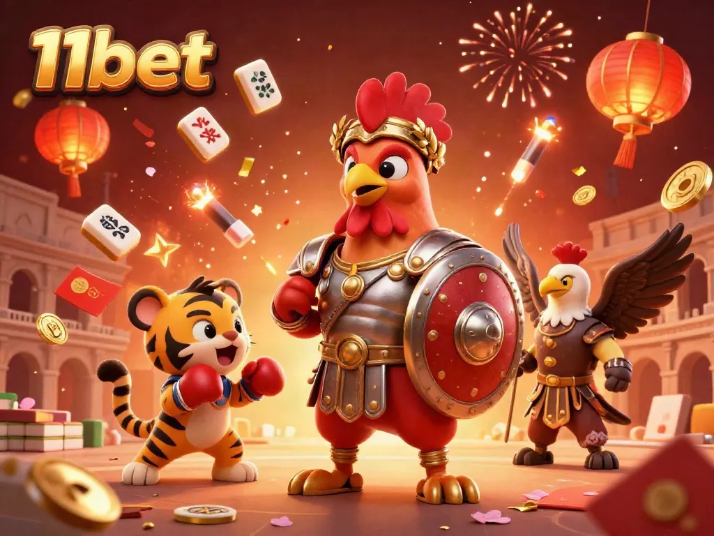 Experience thrilling gameplay at 11bet with a vibrant online casino scene featuring a gladiator rooster and festive elements.