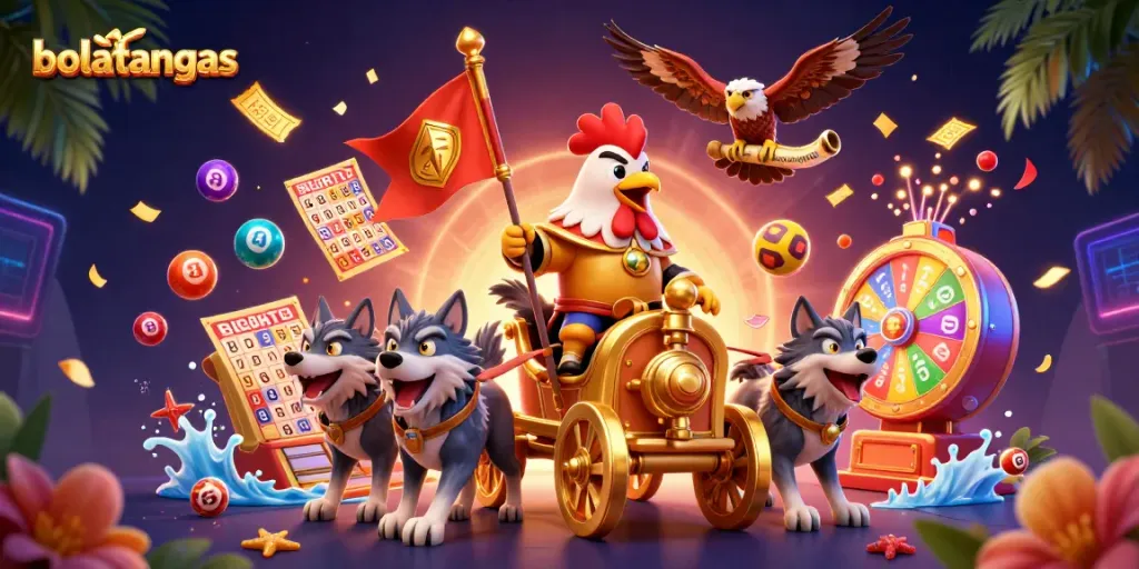 Experience bolatangkas excitement with a dynamic scene of a rooster warlord and vibrant casino elements.
