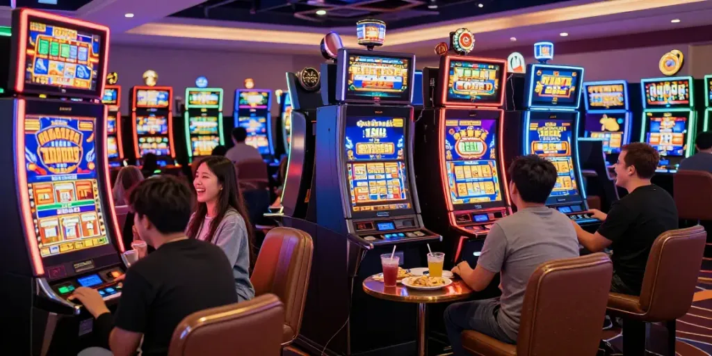 Players enjoying their time at slot machines in a lively casino atmosphere.