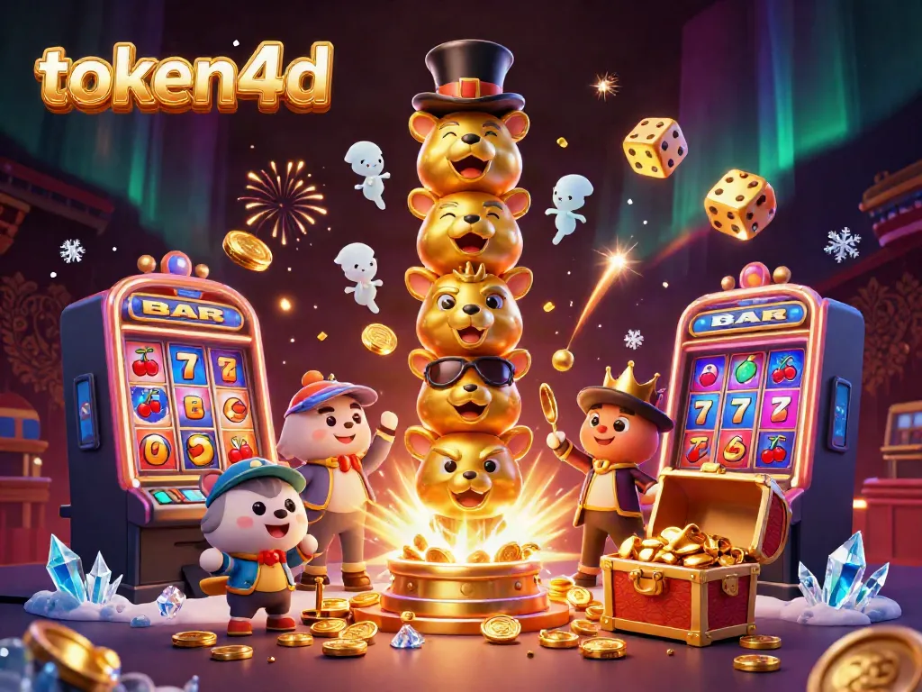Permainan slot token4d yang megah dengan jackpot, simbol emas, dan totem kartun 3D berbagai ekspresi.