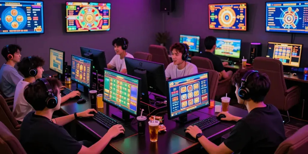 Excited players engaging in toto togel and slot games in a modern gaming lounge.