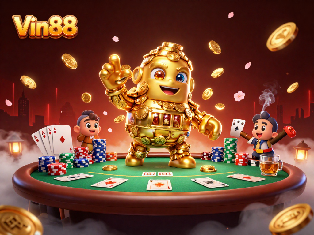 Experience the excitement of Vin88 with this dynamic poker scene featuring a golden golem surrounded by chips.